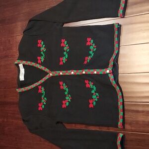Vintage J. Christopher Black Red Embroidered Holly Christmas Sweater Size Large